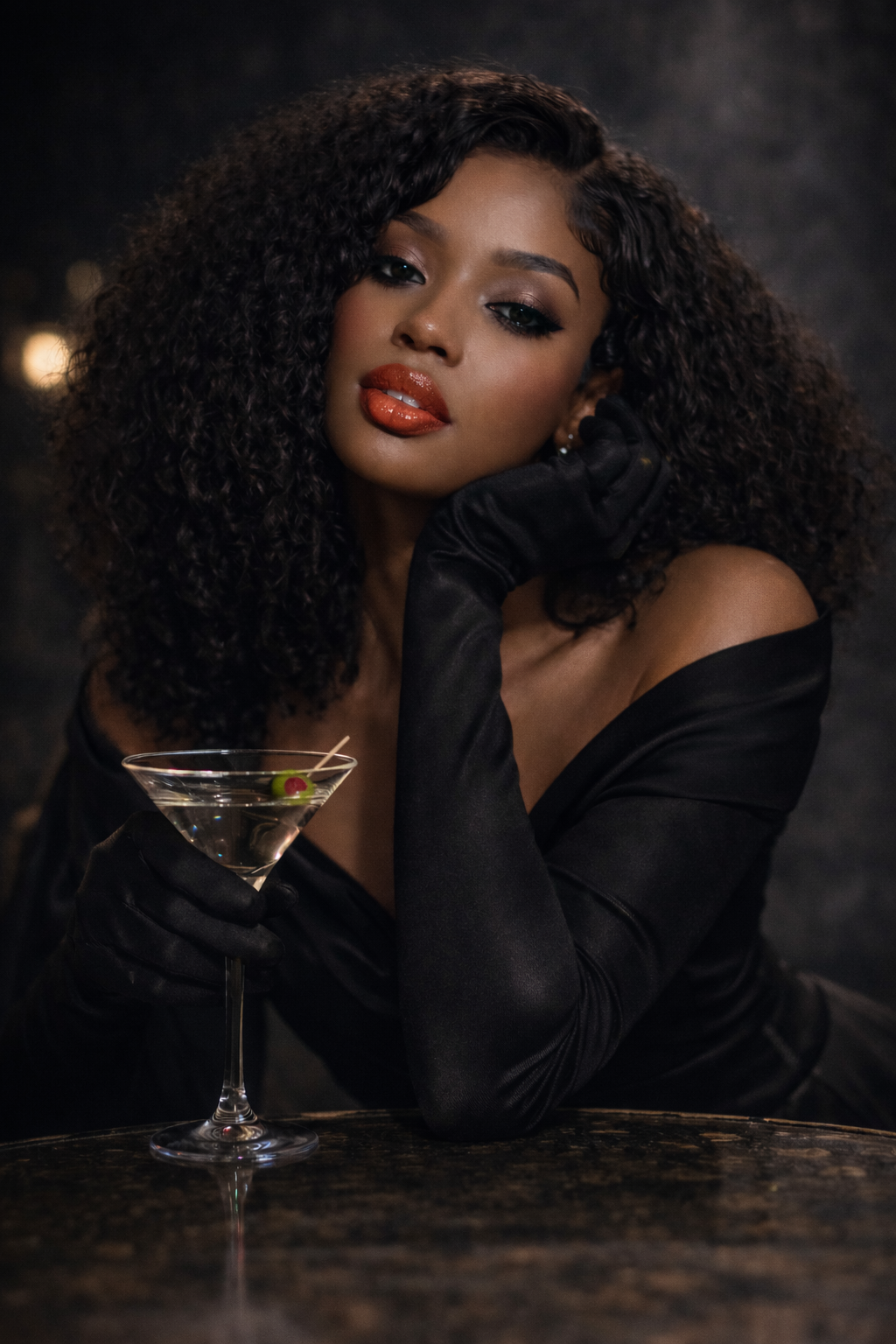 Woman in a black dress and gloves holding a cocktail glass against a dark background, wearing Covet No. 4 Melt.