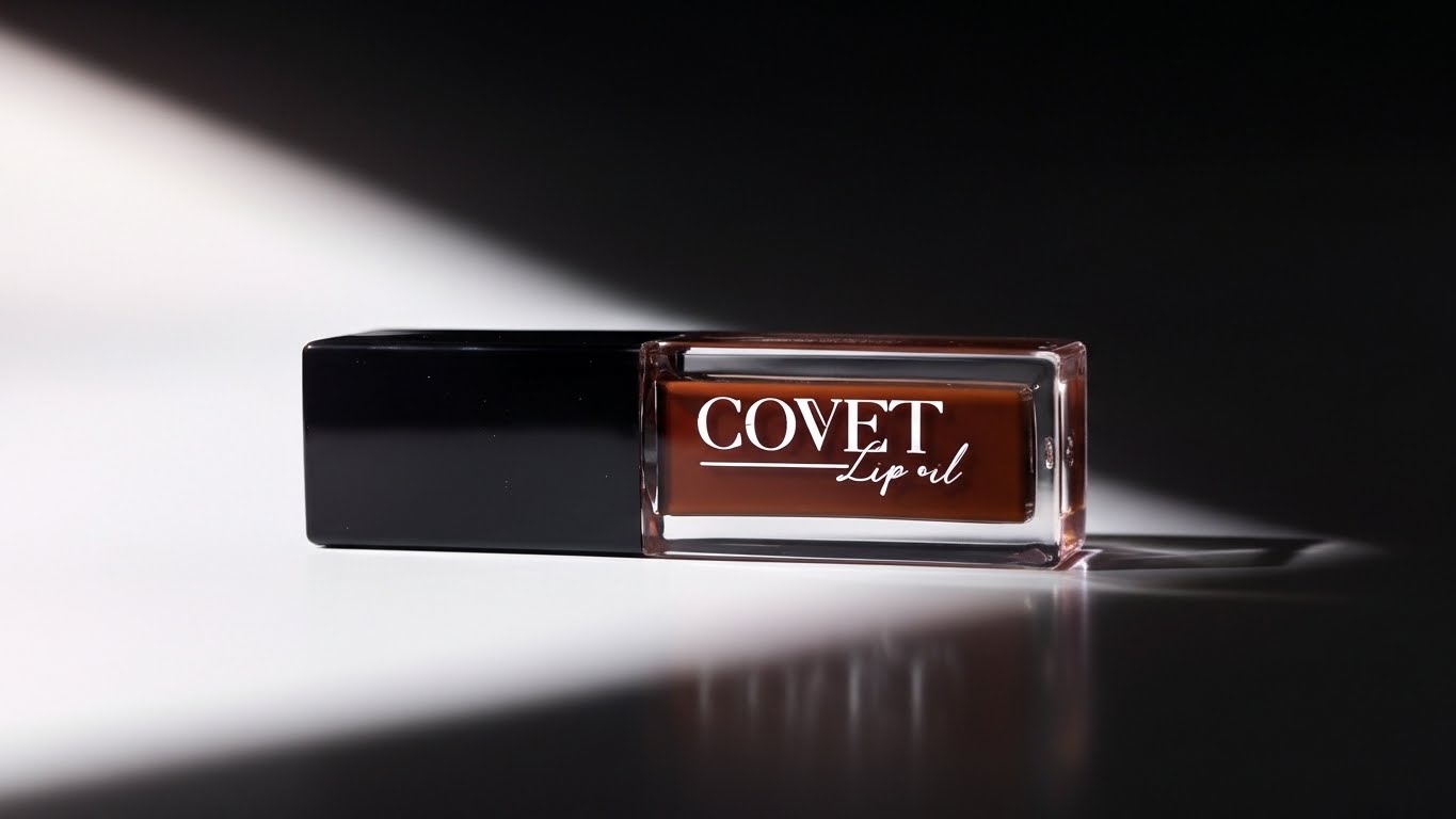 A Covet Lip Oil in a clear rectangular tube with a black cap sits on a reflective surface, illuminated by dramatic diagonal light against a dark background, showcasing the warm cocoa-brown shade inside.
