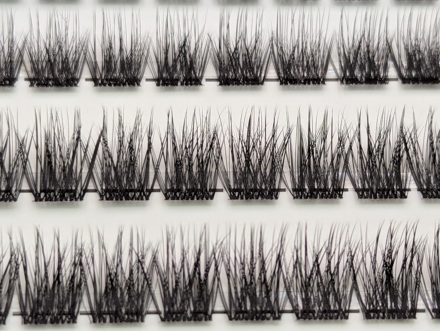 Close-up of Covet Beauty Trance cluster lashes showing airy, separated clusters arranged in rows.