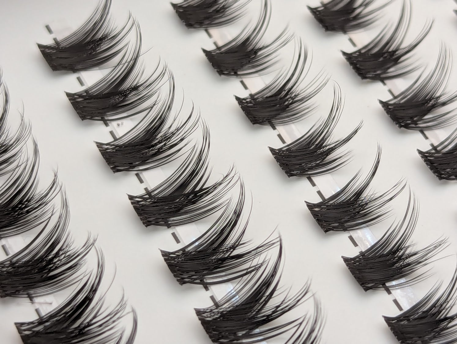Covet Beauty Control cluster lashes shown close-up with separated, lifted lash clusters arranged in rows.