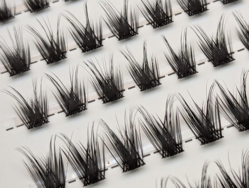 Close-up of Covet Beauty Control cluster lashes showing lifted, separated clusters with a defined lash pattern in the tray.
