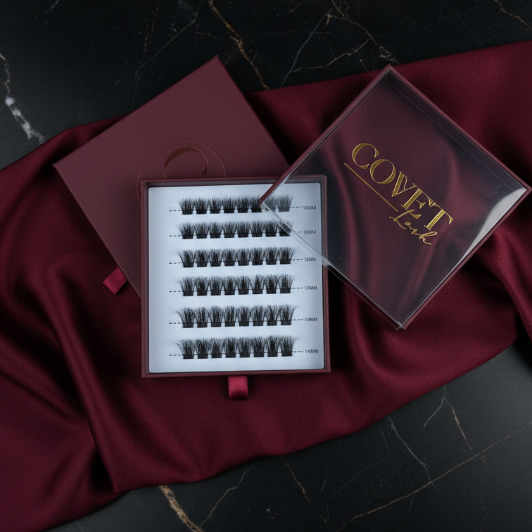 Covet Lash Eyelash extension set with a clear case on a dark surface