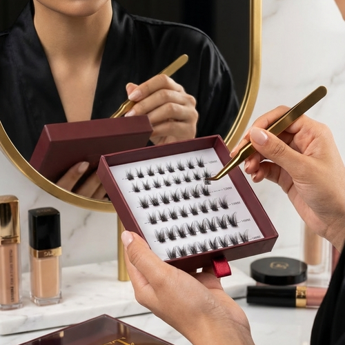 Covet Beauty Control cluster lashes shown in an open burgundy tray while tweezers select a lash cluster.