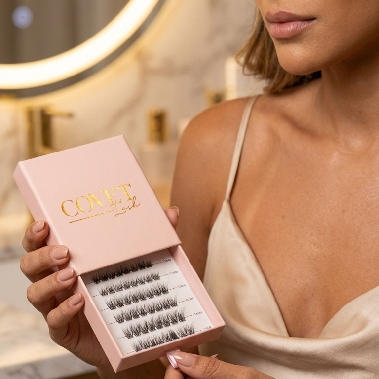 Model holding an open Covet Beauty Linger cluster lash tray at a vanity.