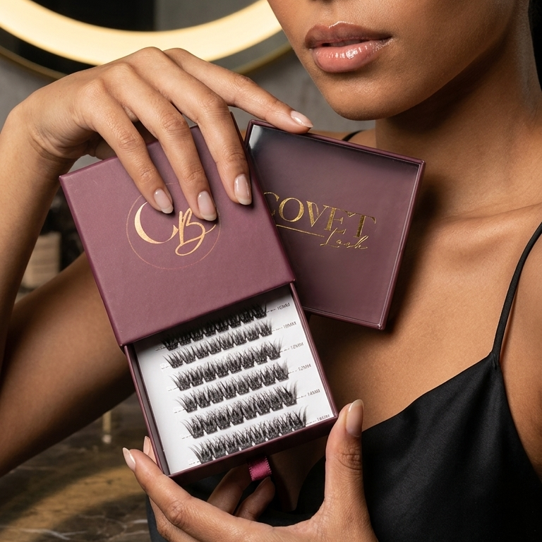 Model holding an open Covet Beauty Obsession cluster lash tray with burgundy packaging and gold logo.