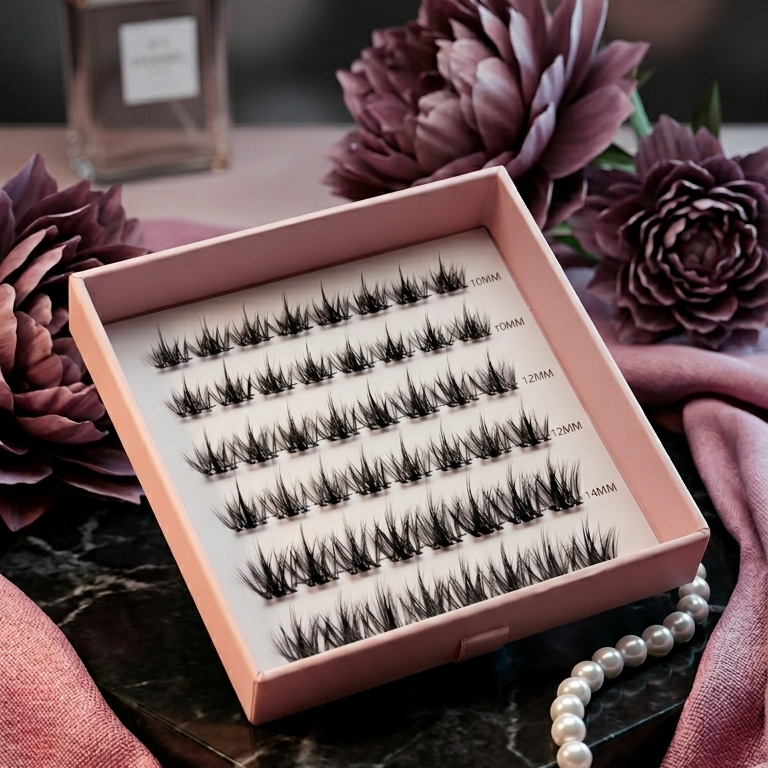 Covet Beauty Vision cluster lashes shown in an open pink lash tray with soft flowers and pearl accents.
