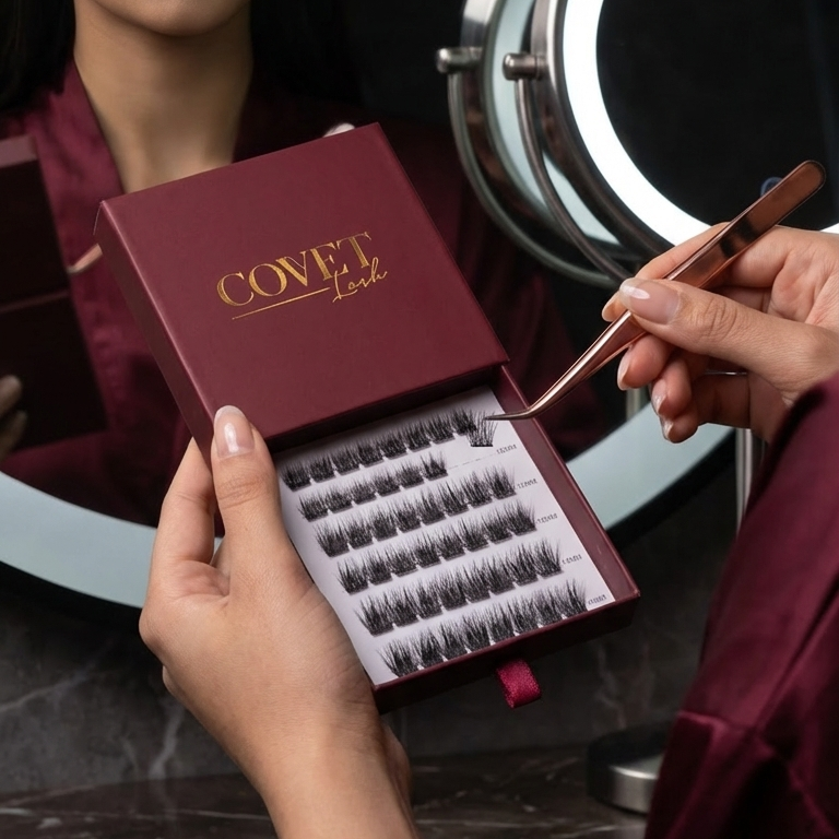 Model holding Covet Beauty Velvet cluster lashes in burgundy packaging while selecting a lash cluster with tweezers.