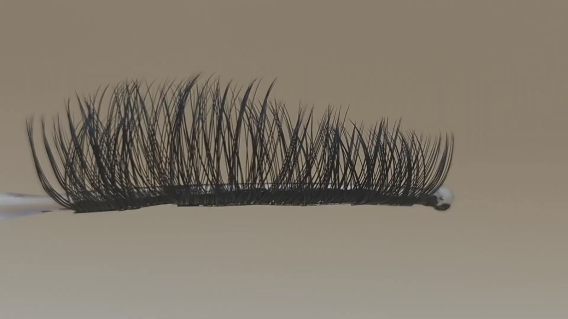 Covet Beauty Hush cluster lashes shown on a display wand, moving up and down to highlight the soft curl and wispy crisscross pattern.